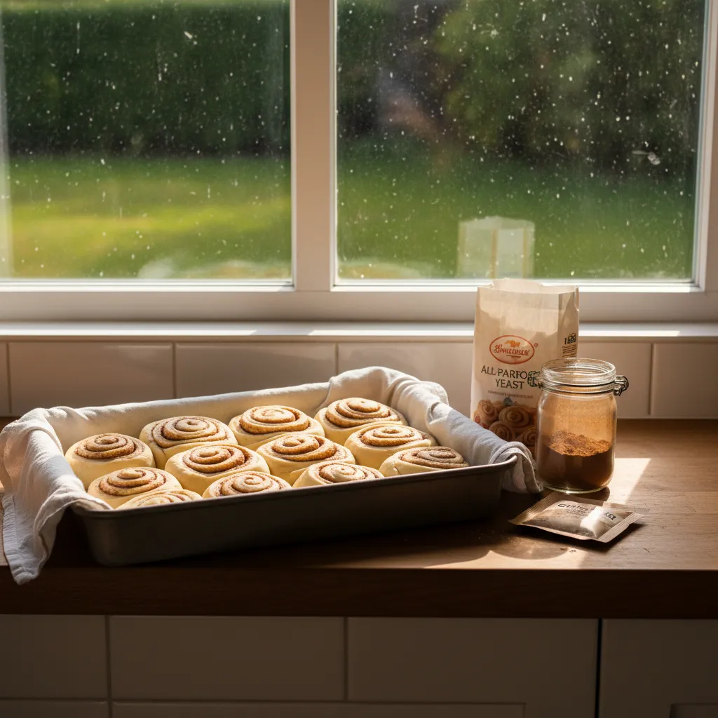 Unbaked cinnamon rolls in a baking pan resting on a counter