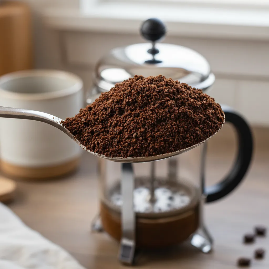 Spoon holding coarse coffee grounds above a French press