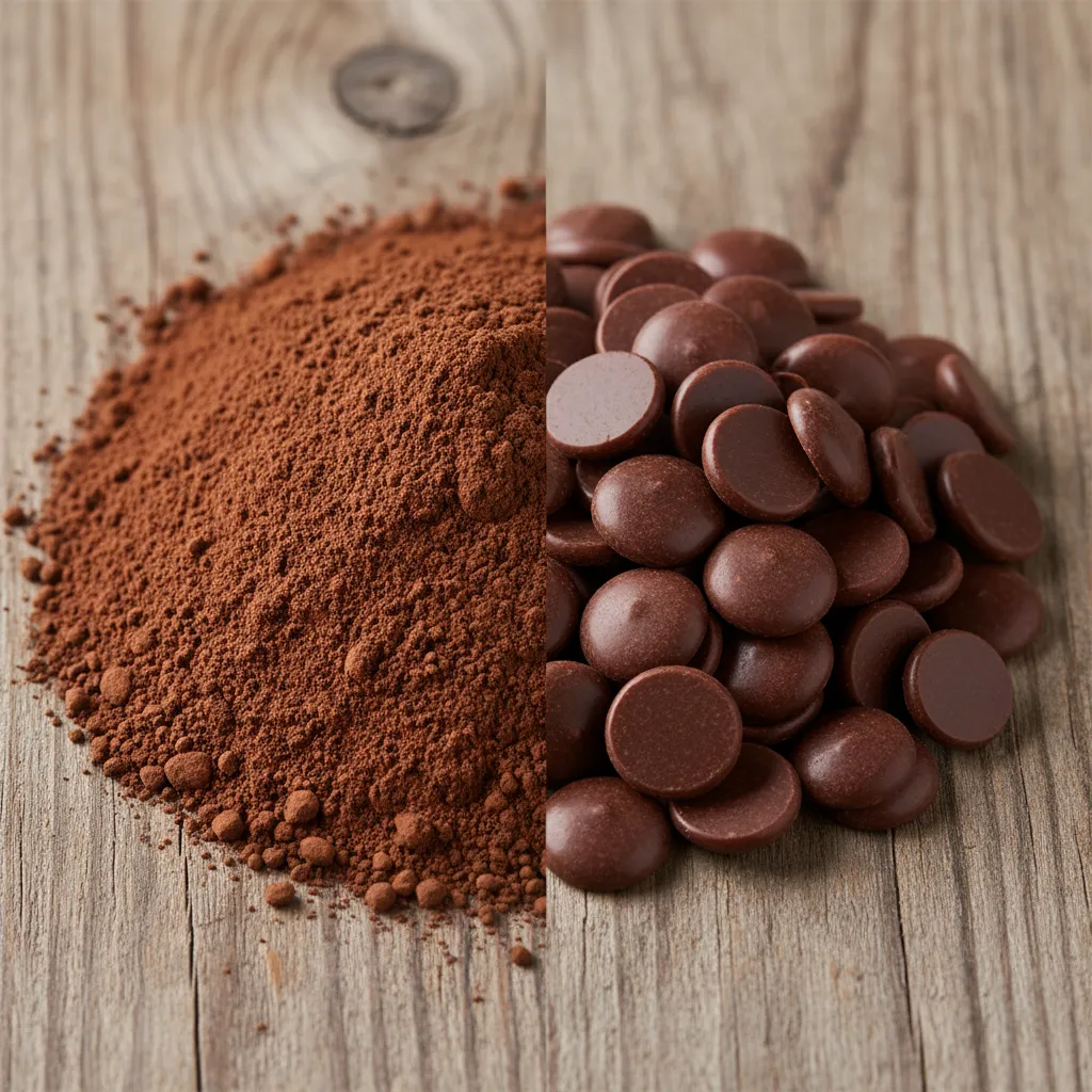 Side by side comparison of dark cocoa powder and chocolate chips on a wooden table