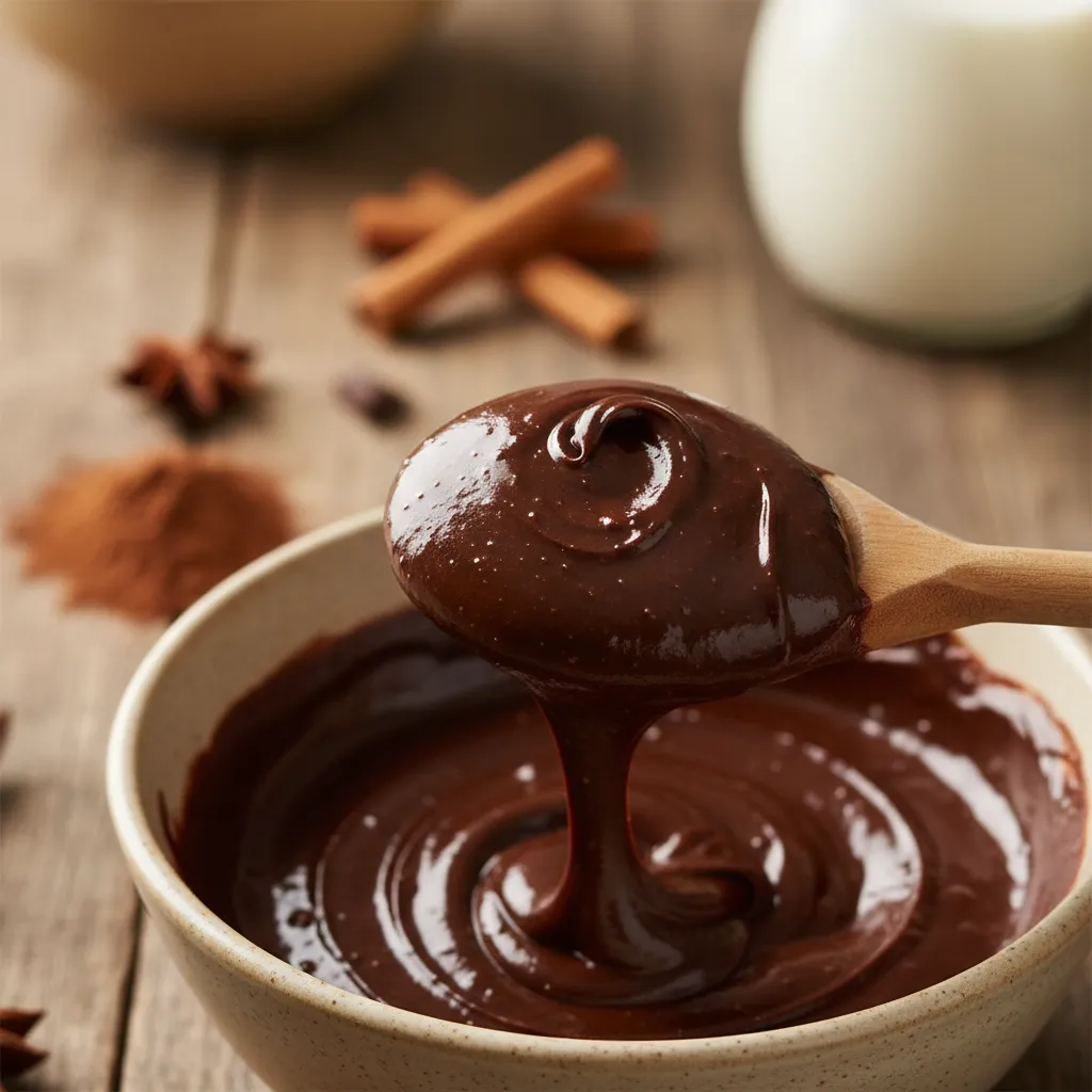 Thick cocoa and sugar paste on a spoon for lump-free hot chocolate