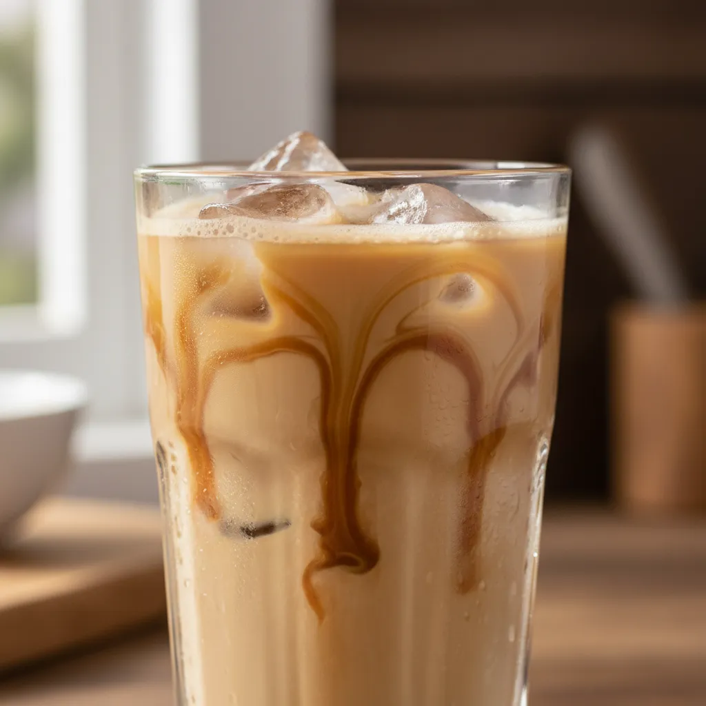 Close up view of coffee ice cubes melting in a glass with caramel drizzle to prevent dilution