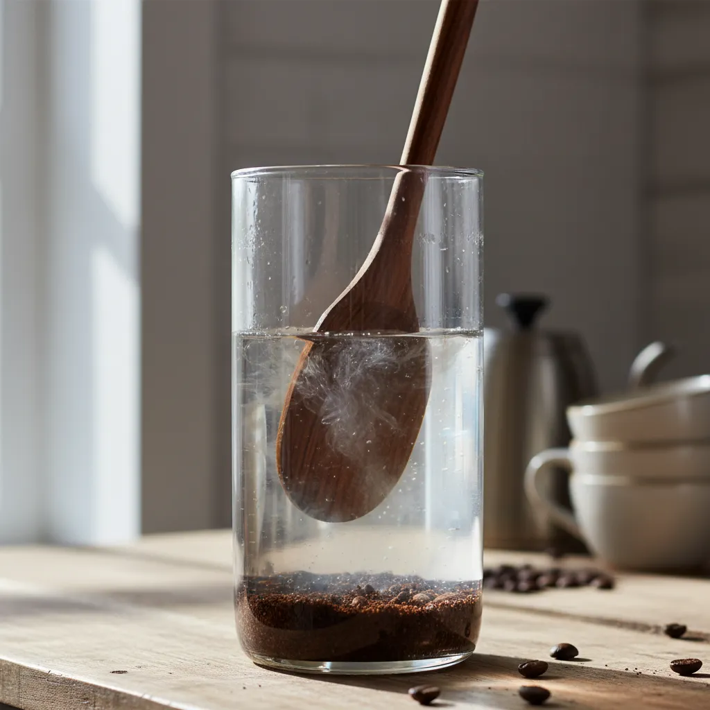 Stirring coarse coffee grounds and water to make a home coffee base.