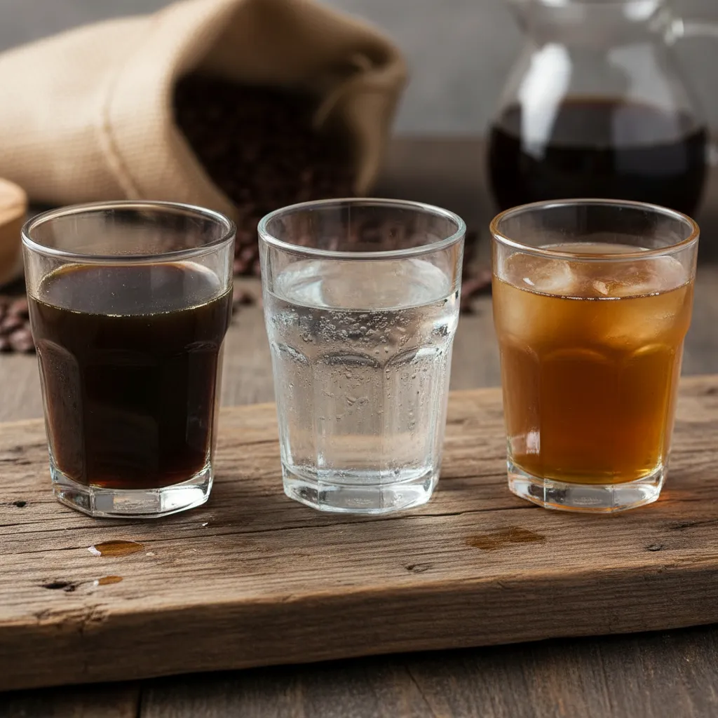 Three glasses showing coffee concentrate water and the final mixture
