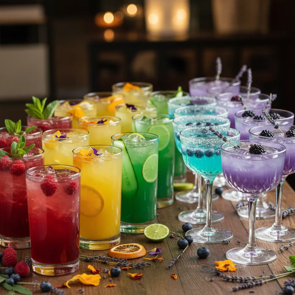 A visually stunning arrangement of colorful nonalcoholic party drinks in elegant glassware.