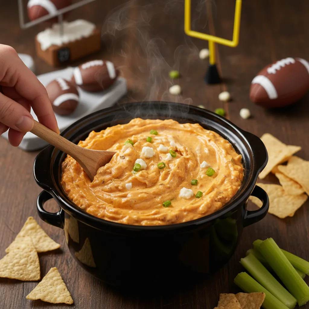 Stirring buffalo chicken dip in a slow cooker