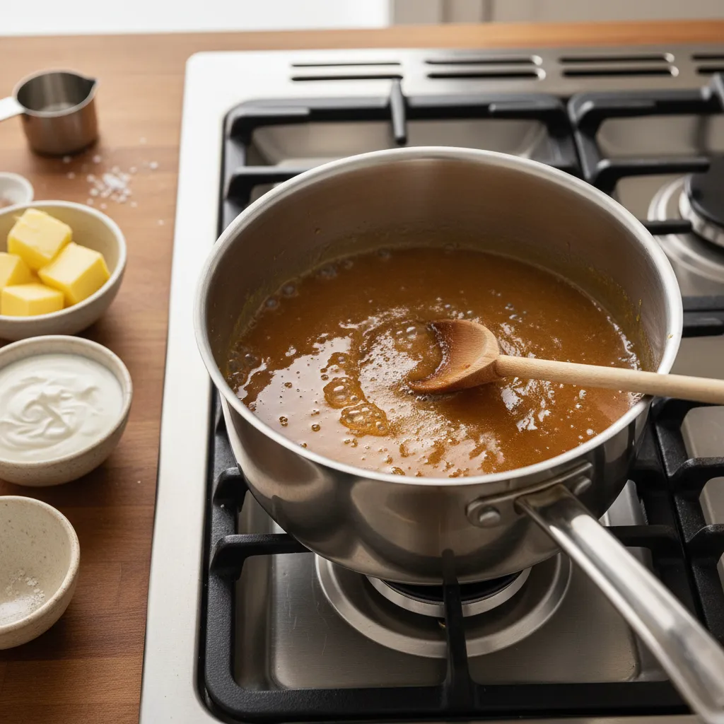 Bubbling amber caramel sauce in a saucepan on the stove