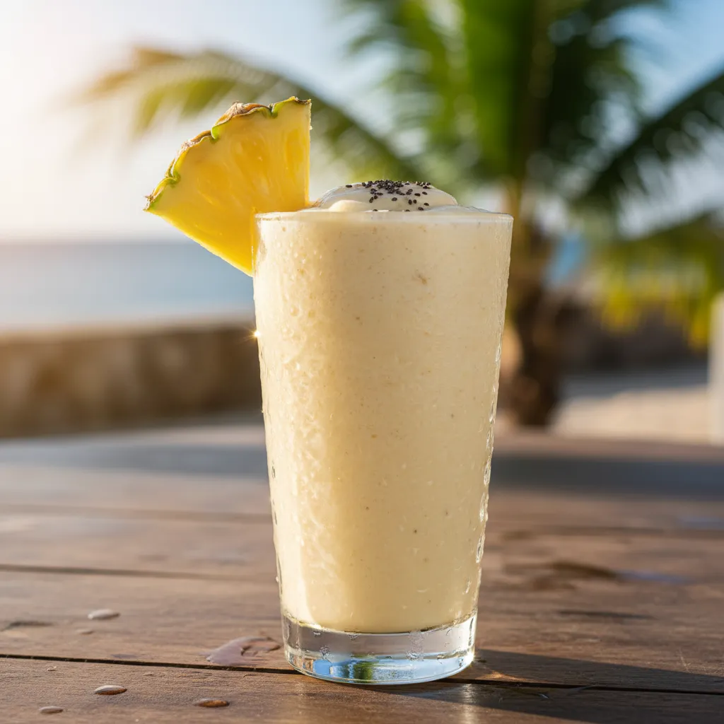Post-workout banana and coconut water smoothie with pineapple garnish