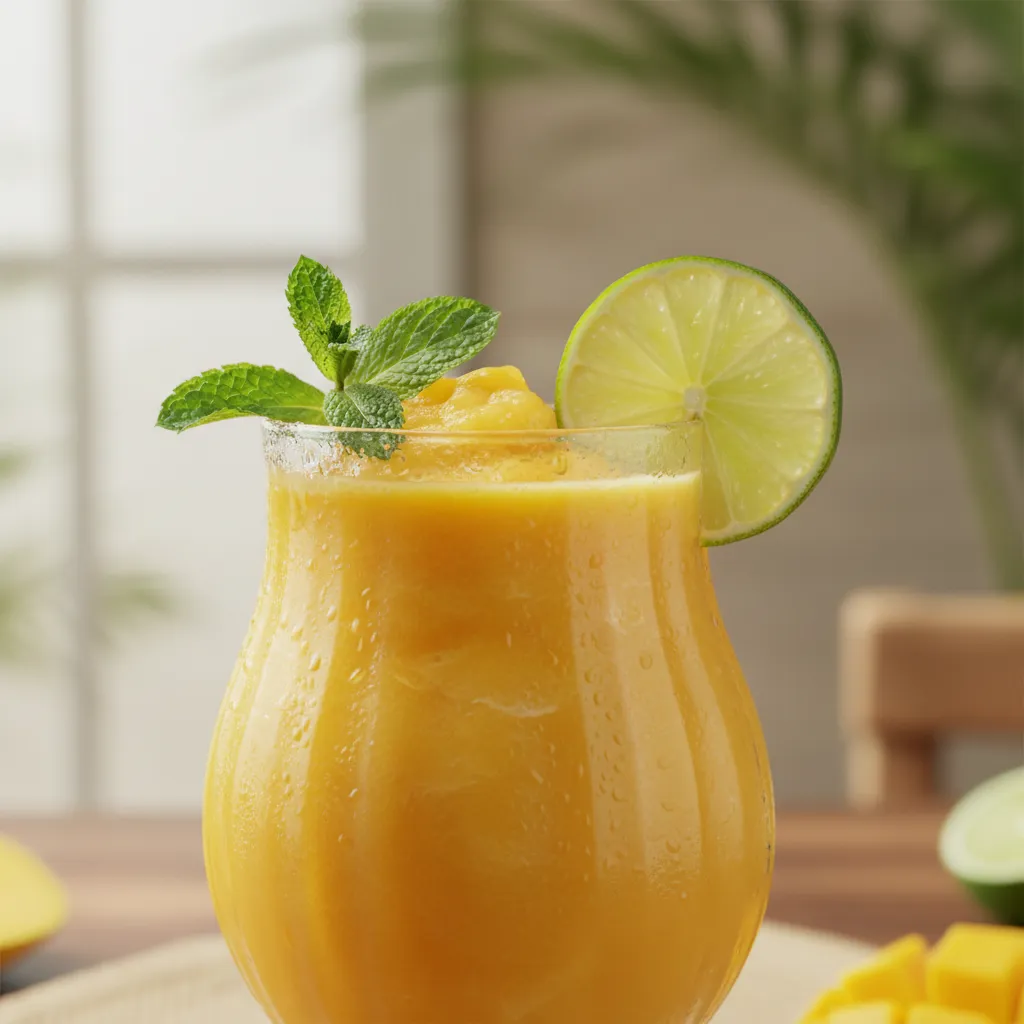 Close up of creamy mango slushie with lime garnish