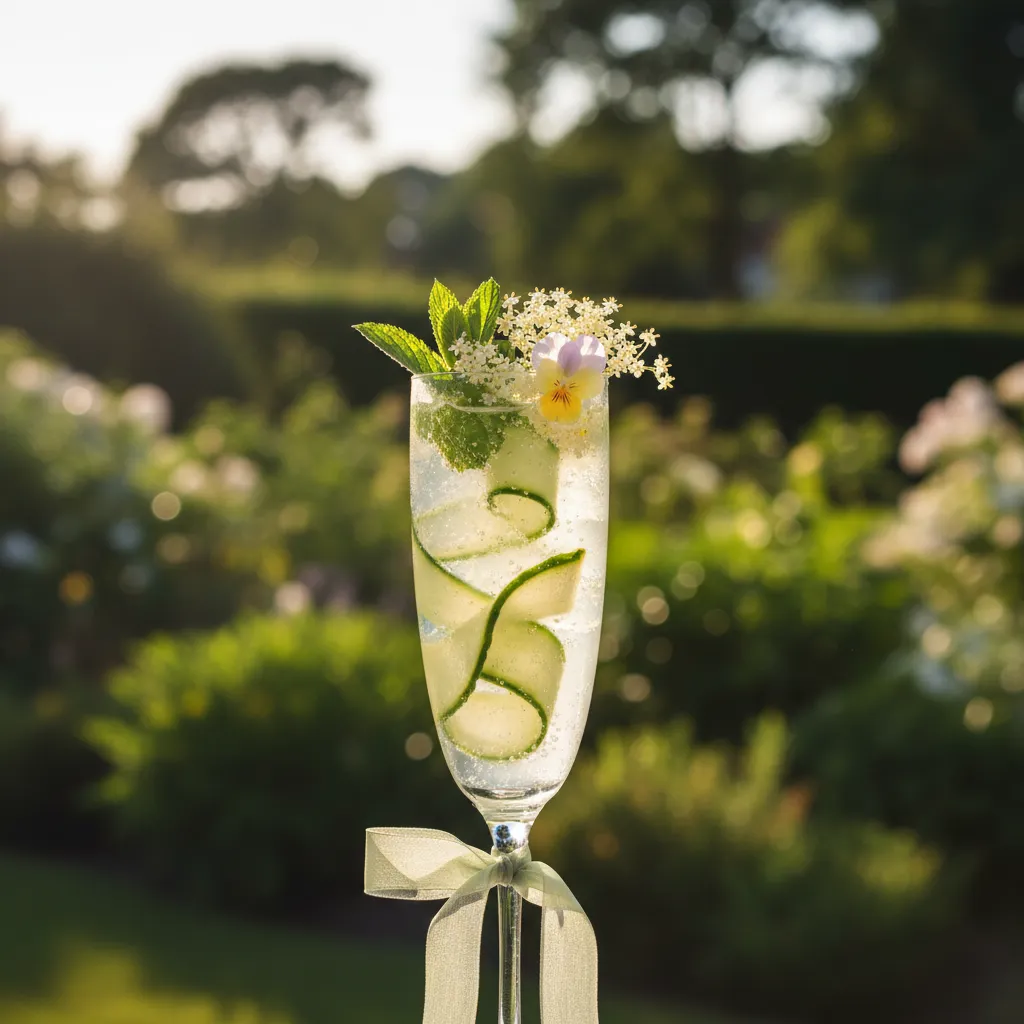 Cucumber Elderflower Fizz non-alcoholic wedding cocktail with cucumber ribbon and floral garnish