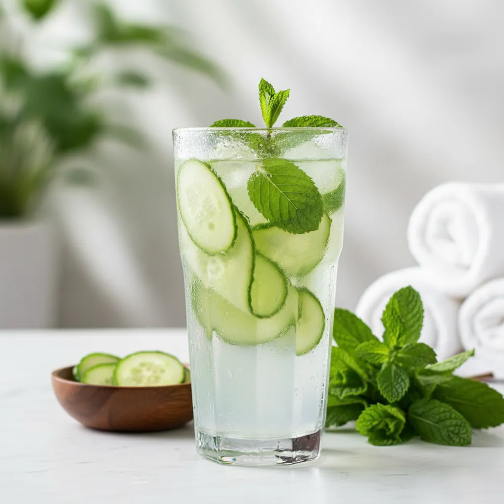 Glass of cucumber mint coconut water infusion with fresh garnish on a marble surface