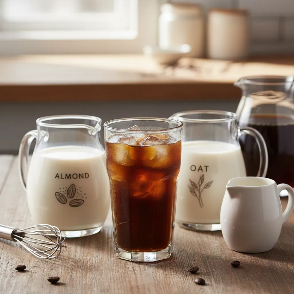 Pitchers of oat milk almond milk and cream next to cold brew