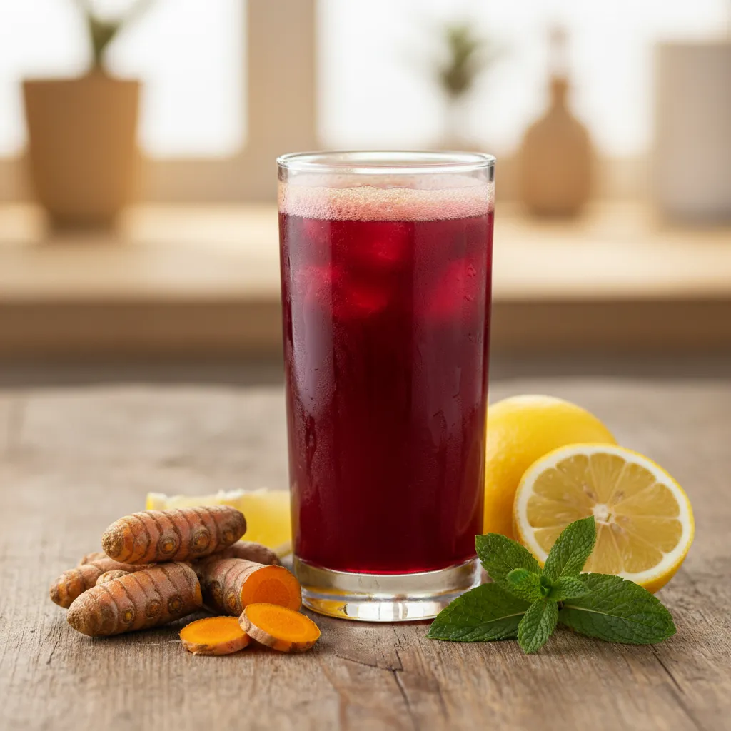 Vibrant beet and turmeric juice in a glass with fresh ingredients