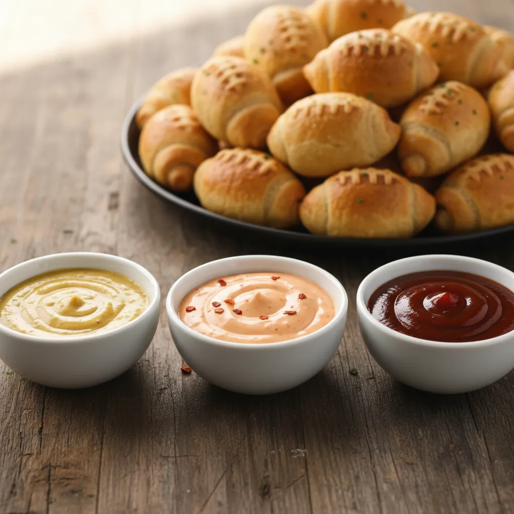Small bowls of honey mustard, spicy mayo, and BBQ sauce for party appetizers