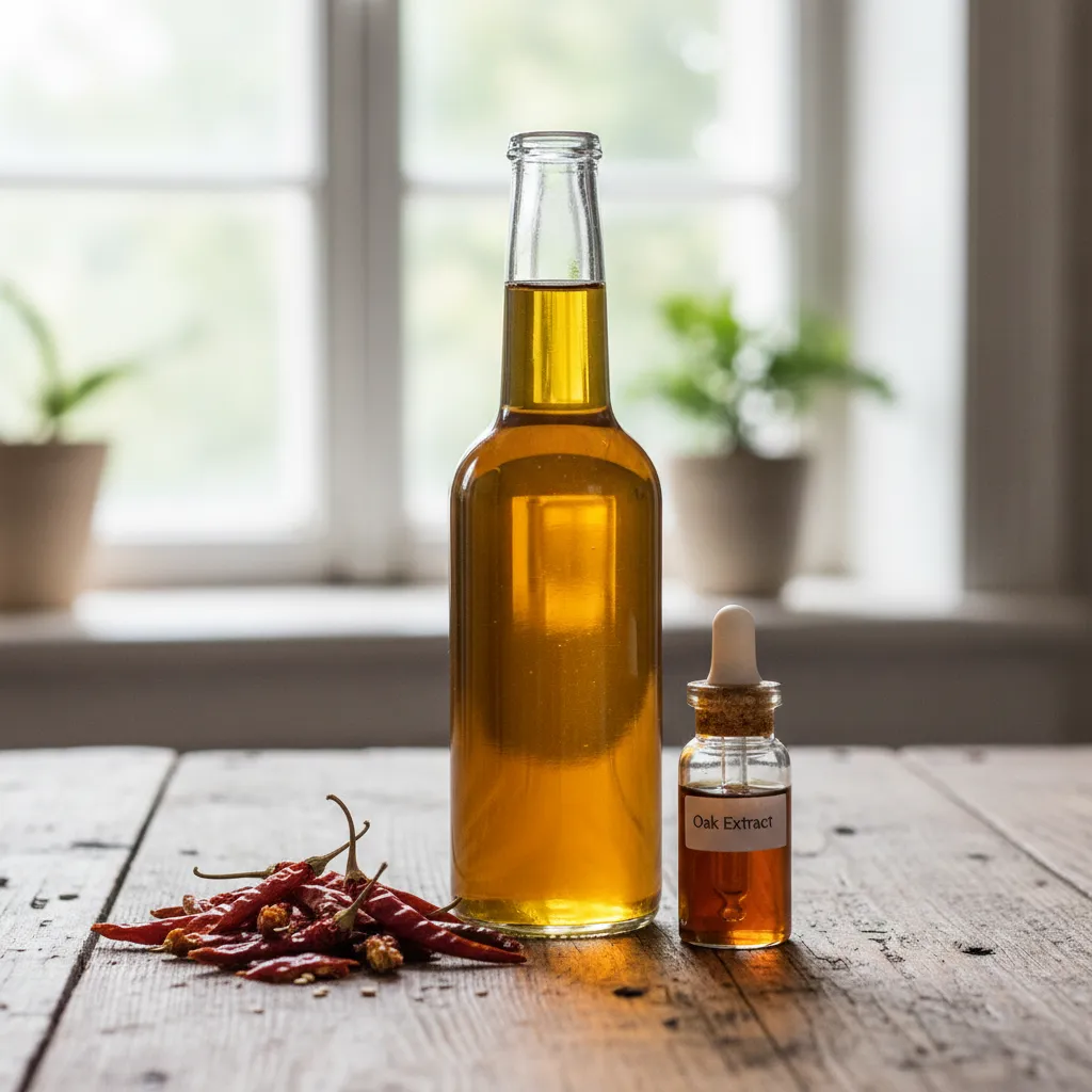 Homemade non-alcoholic tequila syrup ingredients including agave nectar cayenne peppers and oak extract