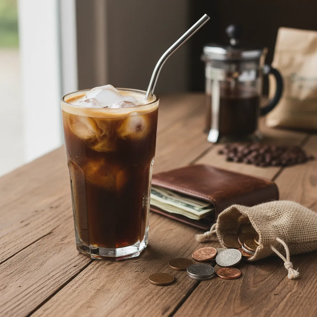 A glass of iced coffee next to savings icons representing the cost benefit of home brewing.