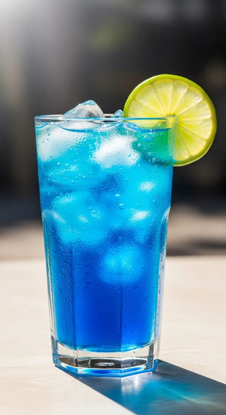 Tall glass of homemade Electric Berry Rebel with blue raspberry syrup and lime garnish