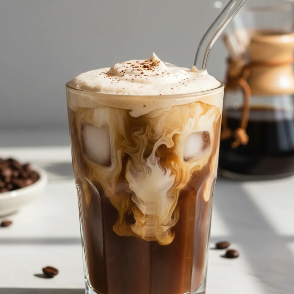 A glass of iced Irish cream coffee with cream swirls