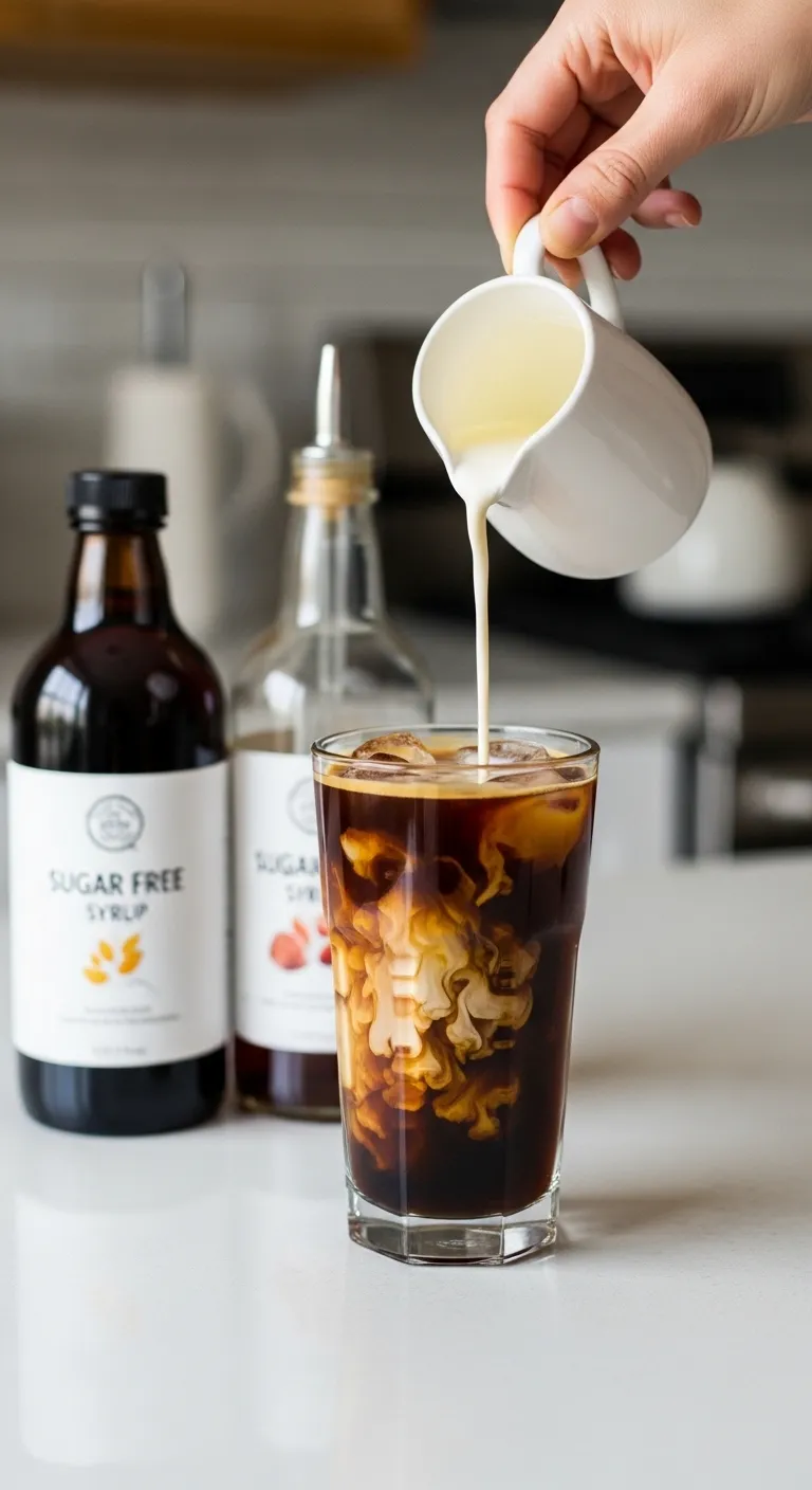 Pouring cream into sugar free homemade German chocolate cold brew coffee