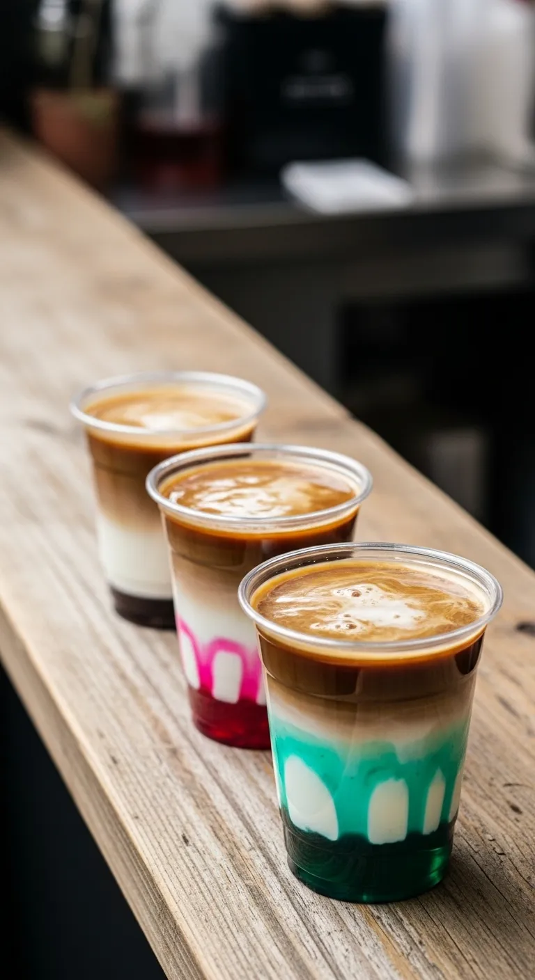 Three clear cups showing different coffee and milk ratios for small medium and large drinks