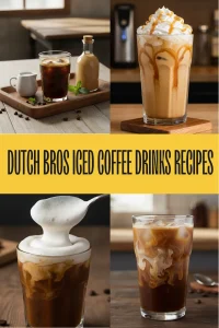 A cold Iced Golden Eagle coffee with caramel drizzle and creamy soft top on a wooden table.