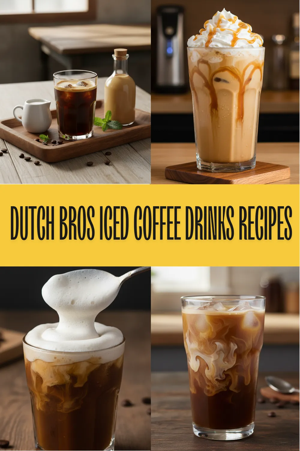 A cold Iced Golden Eagle coffee with caramel drizzle and creamy soft top on a wooden table.