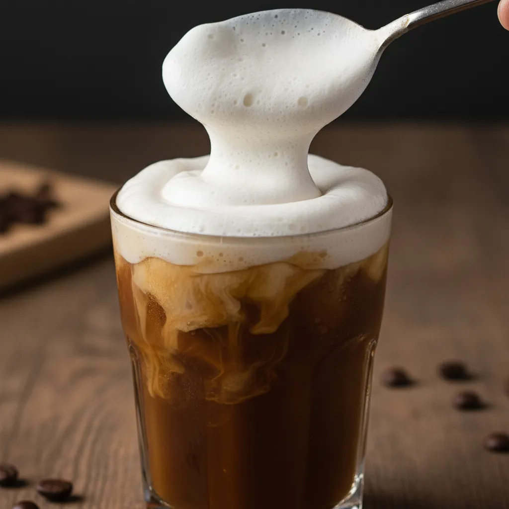 A close up of homemade soft top being added to an iced coffee drink.