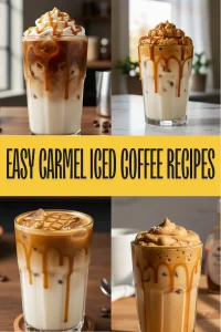 Frothy whipped caramel iced coffee in a tall glass with caramel drizzle and sea salt on a counter.