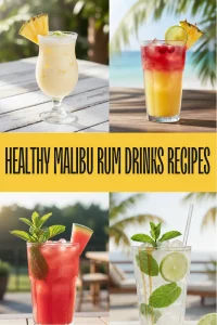 Two healthy Malibu rum cocktails with fresh pineapple and watermelon garnishes on a beach table.