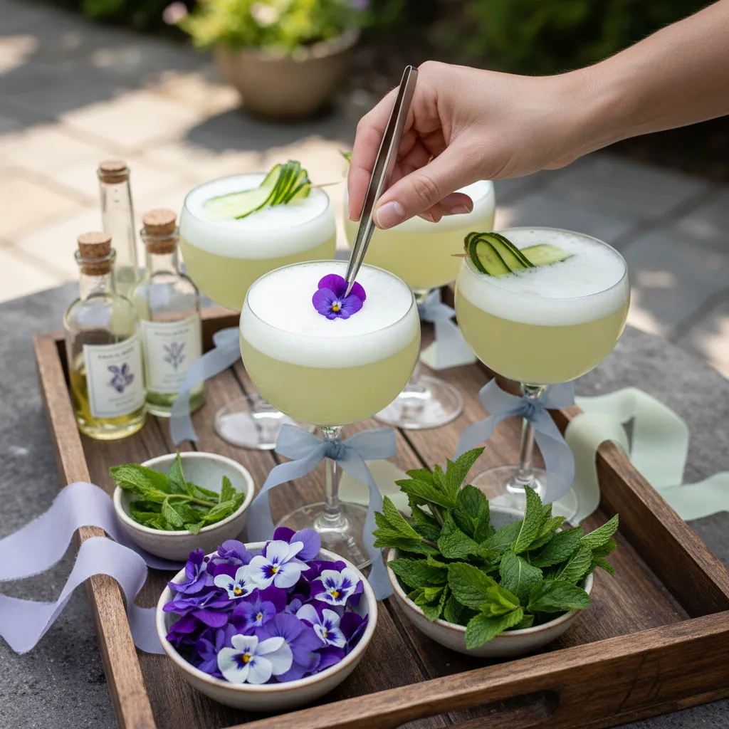 Edible viola flowers and fresh mint ready for cocktail garnish