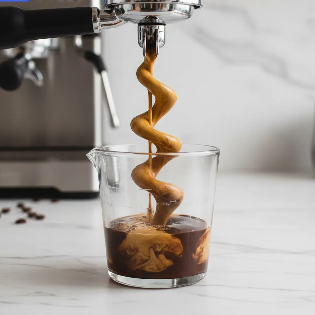 Espresso shot pouring into chocolate macadamia syrup