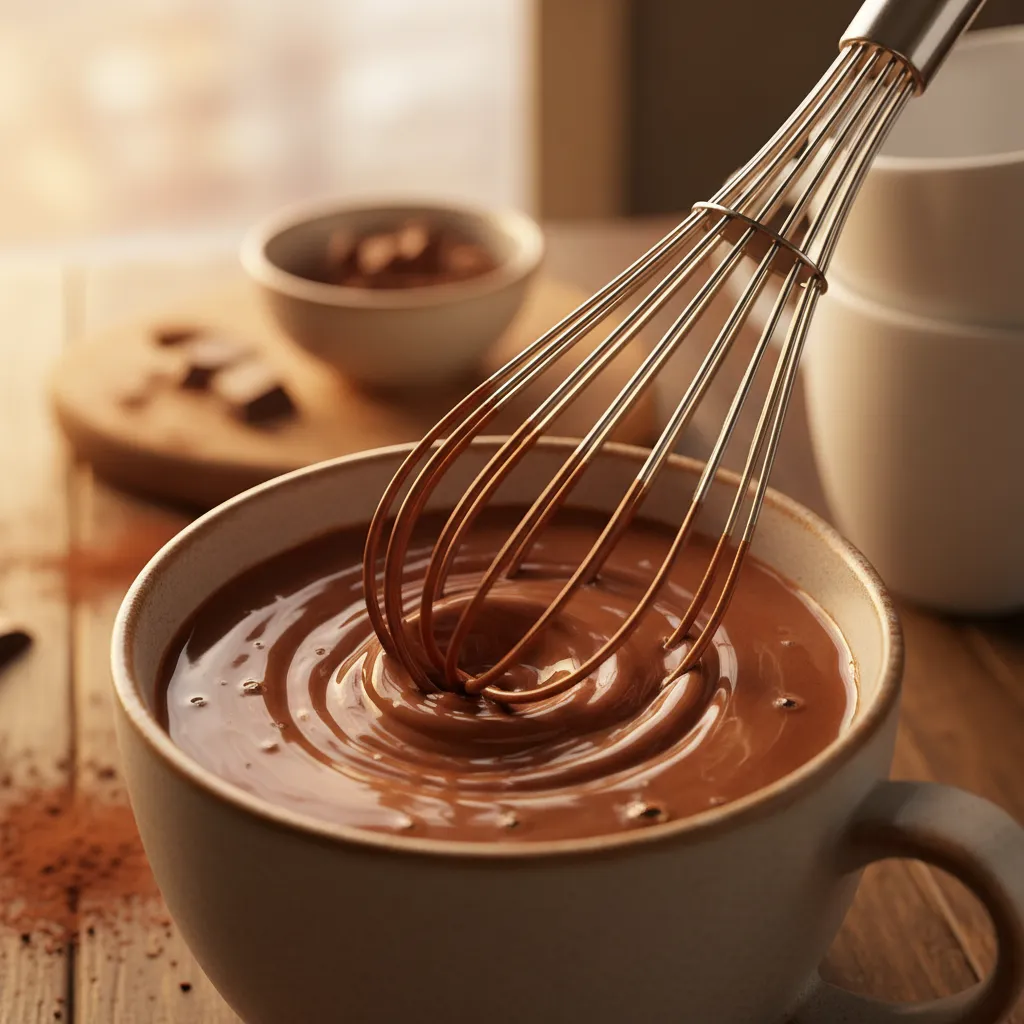 Whisk smoothing out grainy hot chocolate in a mug