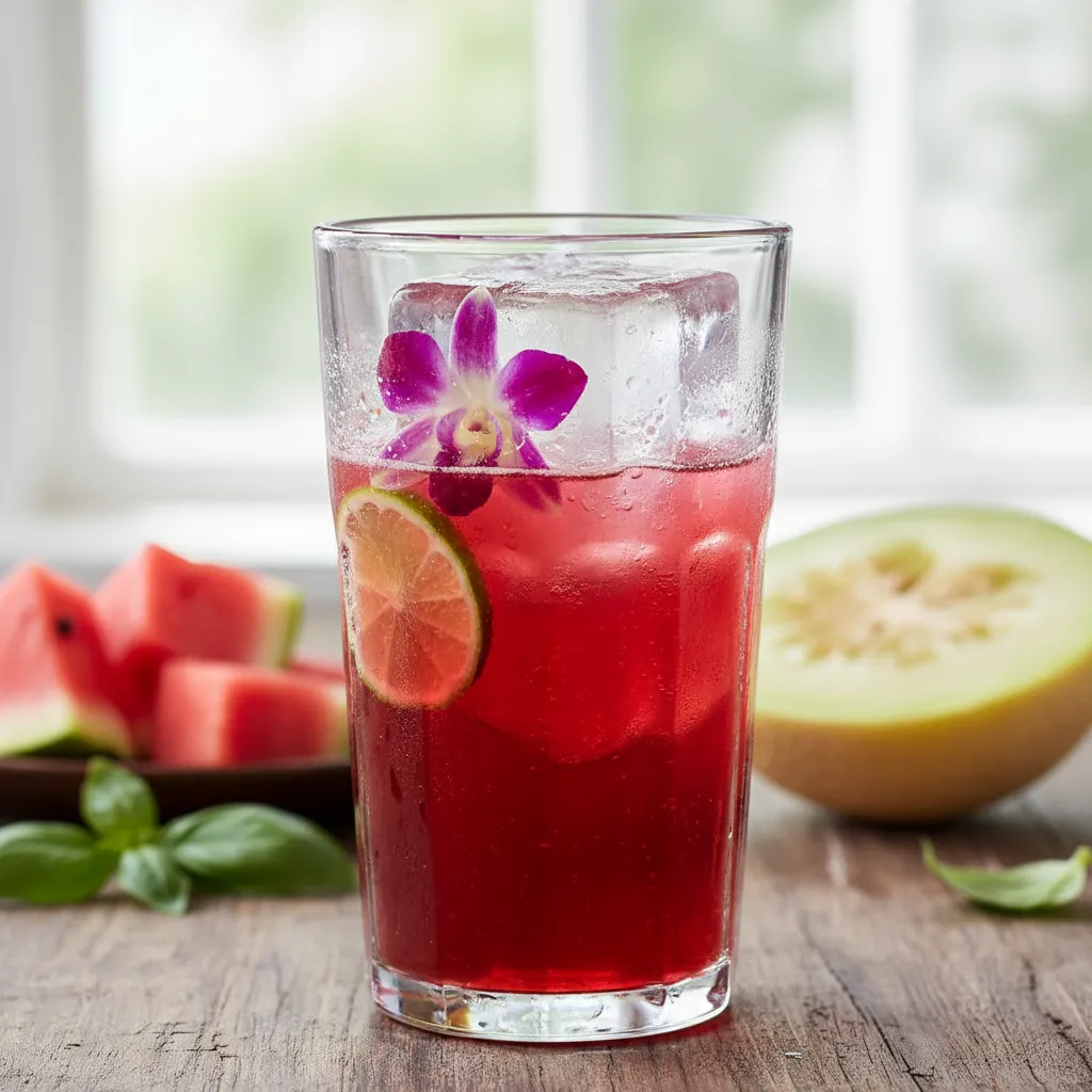 Large square cocktail ice cube with edible flower frozen inside