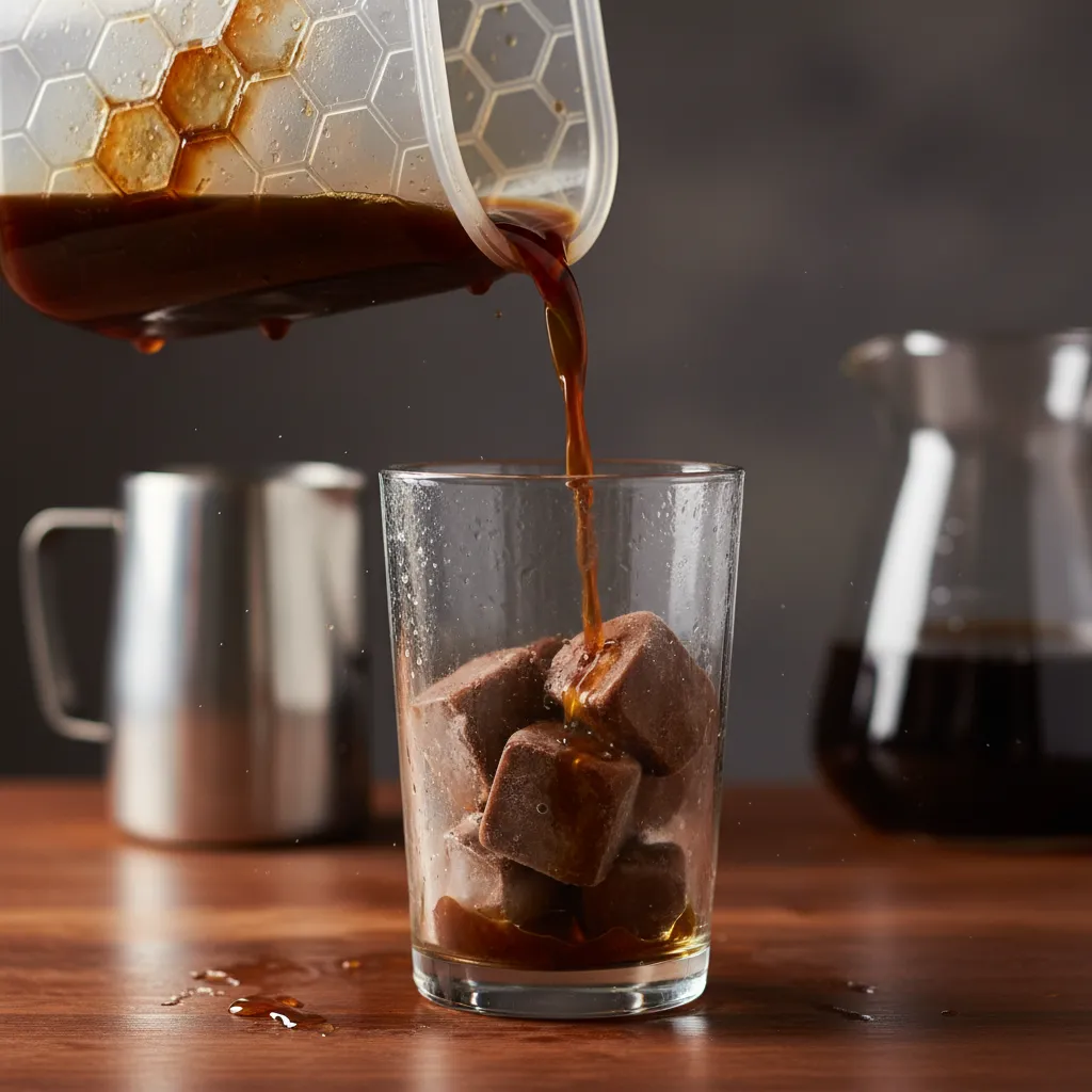 Ice cube tray filled with dark roast coffee ready for freezing