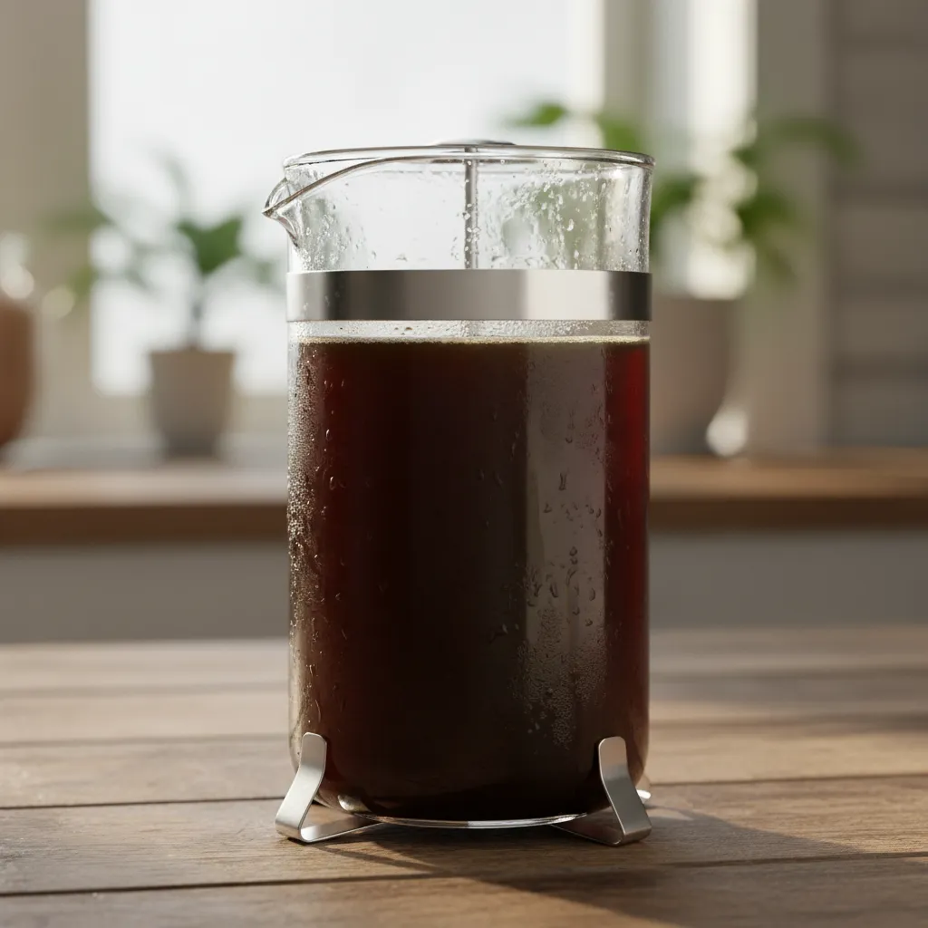 French press filled with cold brew coffee on a wooden table with sunlight
