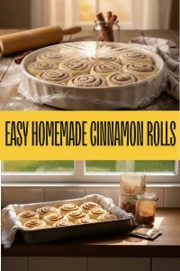 A pan of freshly baked Easy Simple Homemade Cinnamon Rolls topped with melting white icing on a rustic kitchen table.