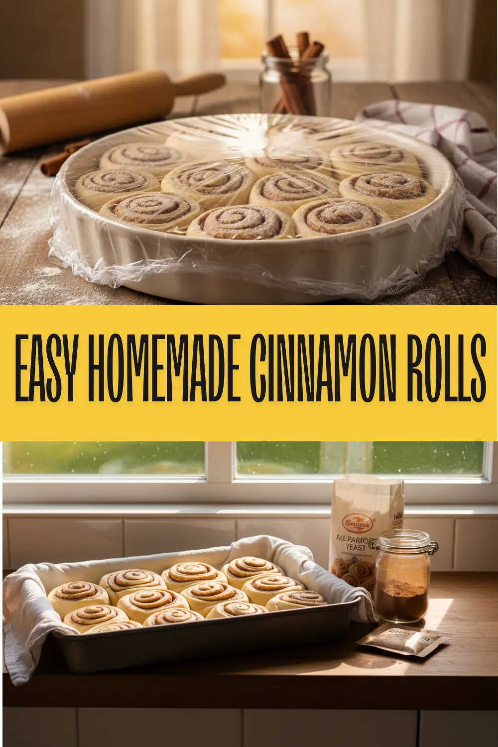 A pan of freshly baked Easy Simple Homemade Cinnamon Rolls topped with melting white icing on a rustic kitchen table.