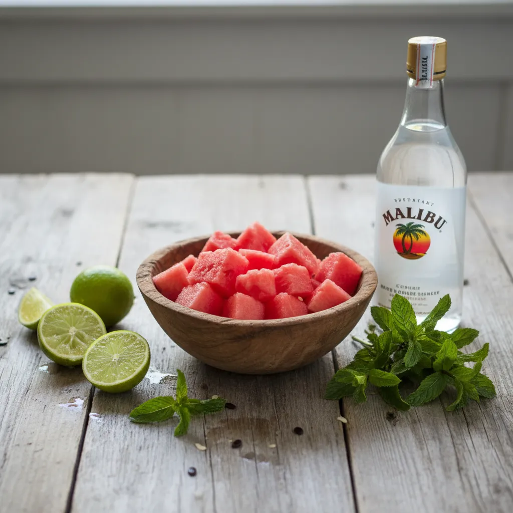 Fresh watermelon cubes mint leaves and limes on a wooden table