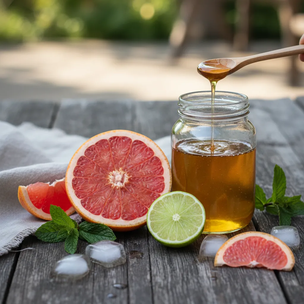 Fresh grapefruit lime and agave syrup ingredients displayed on a table