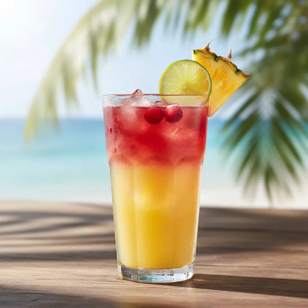 Highball glass with Malibu rum pineapple and cranberry juice garnished with lime