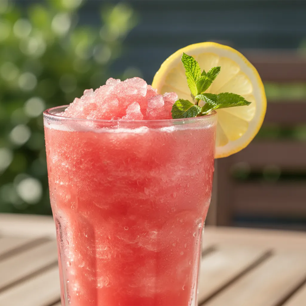 Close up of pink watermelon lemonade slushie with mint garnish
