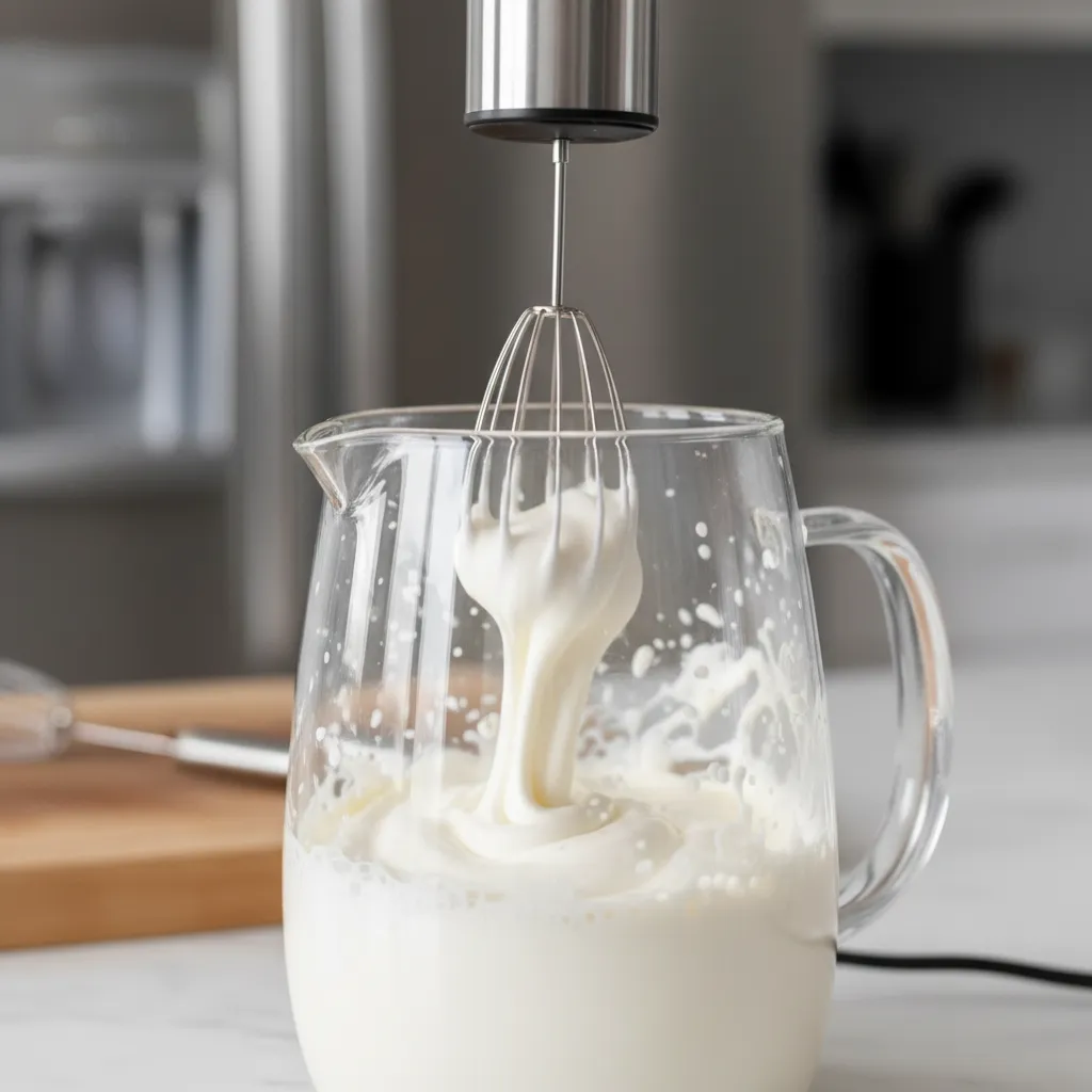 A milk frother creating thick soft top foam in a glass.