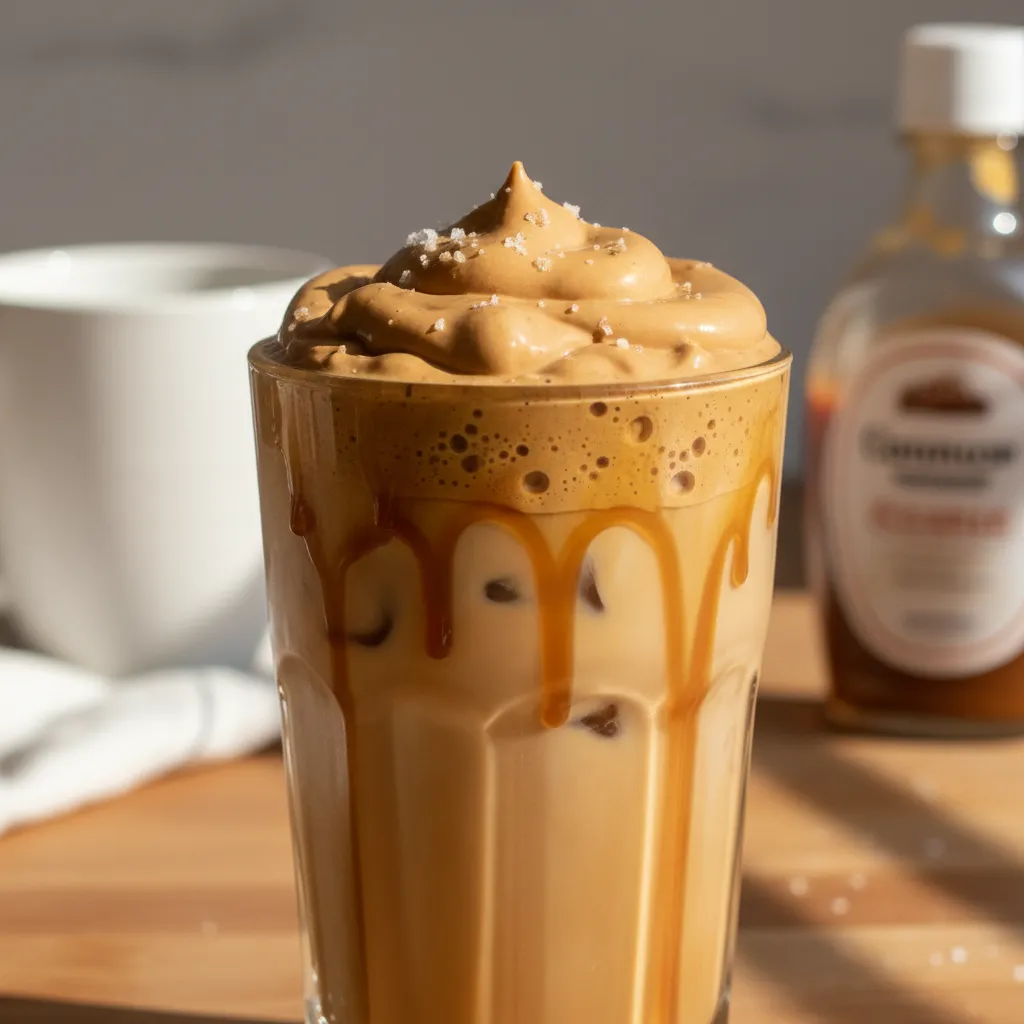 Frothy salted caramel iced coffee with thick foam topping and caramel drizzle
