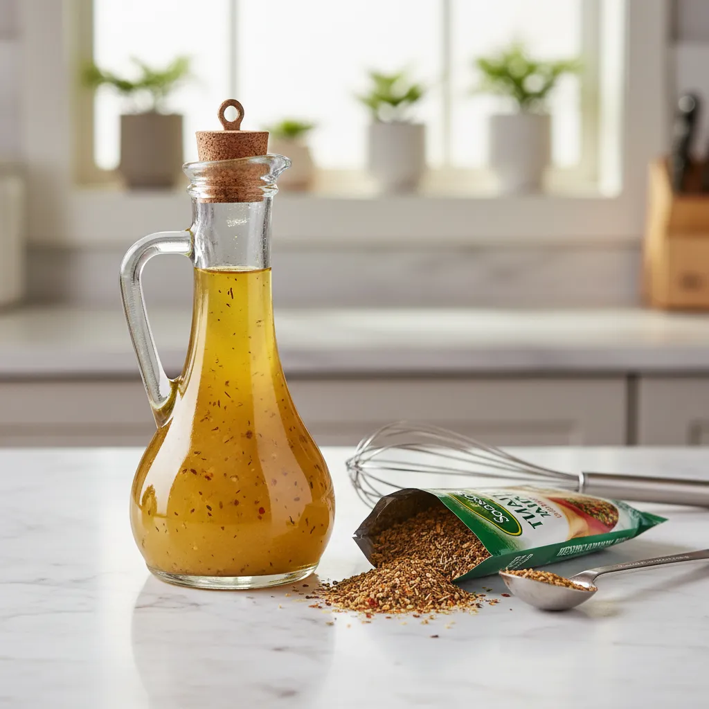 Good Seasons Italian dressing mix prepared in a glass cruet on a marble countertop