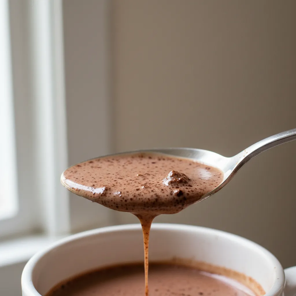 Spoon showing undissolved cocoa powder in hot milk