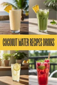 A vibrant coconut water banana smoothie and a refreshing cucumber mint infusion drink on a bright kitchen counter.