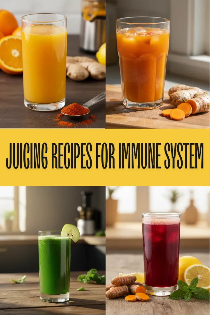 A glass of vibrant orange ginger and turmeric immune-boosting juice surrounded by fresh ingredients on a wooden table.