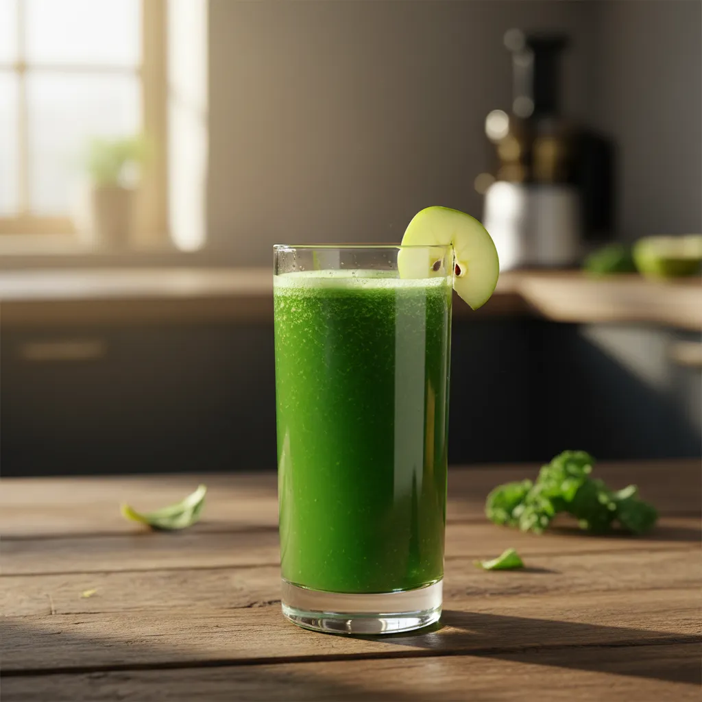 Vibrant kale and green apple antioxidant juice in a glass