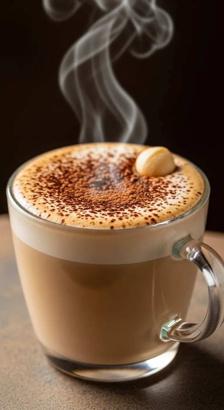 Creamy homemade Annihilator breve coffee in a glass mug with cocoa dust