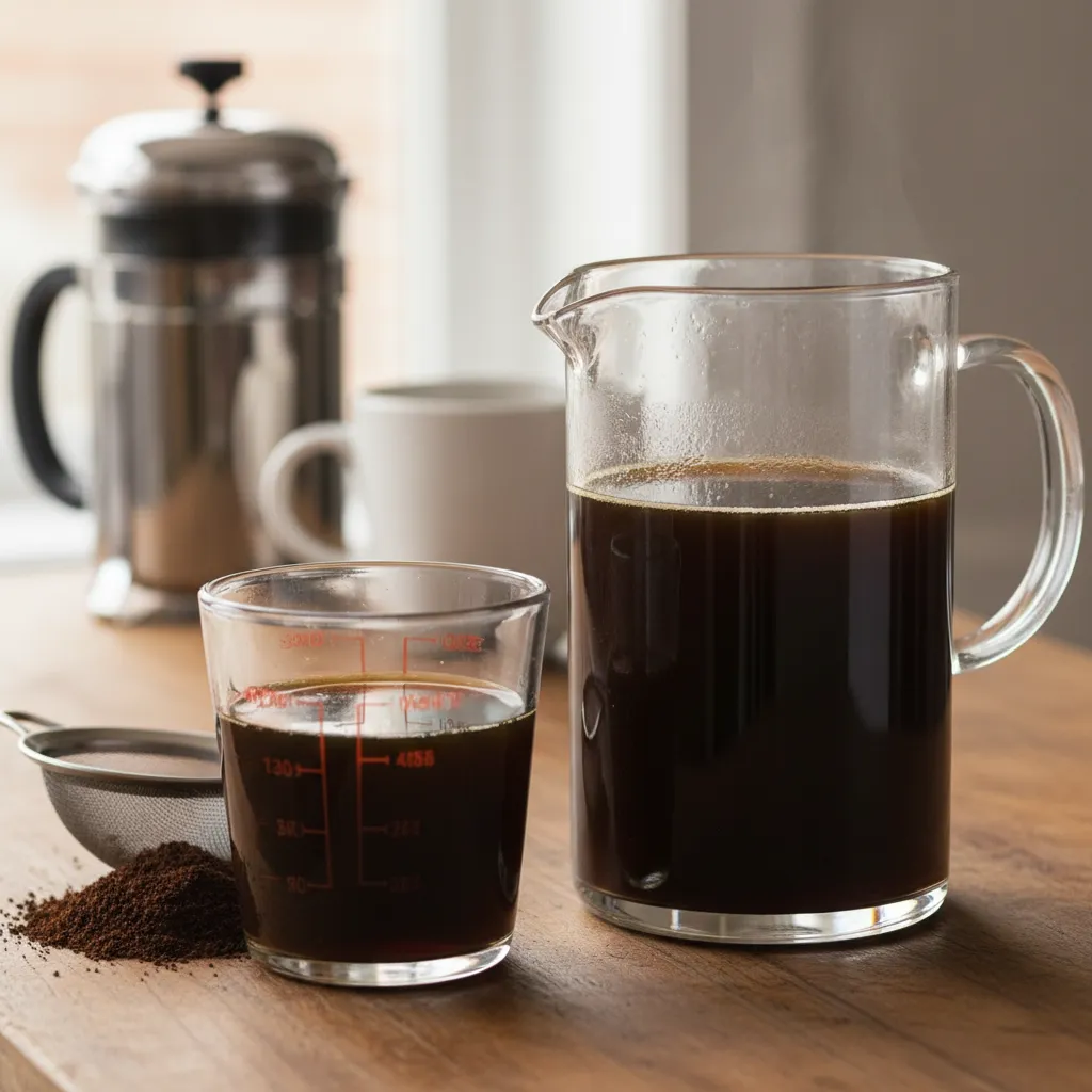 A pitcher of dark coffee concentrate showing the volume possible with home brewing.