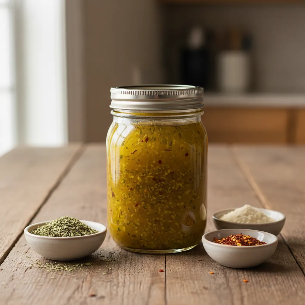 Glass jar of homemade Italian dressing surrounded by bowls of dried herbs and garlic